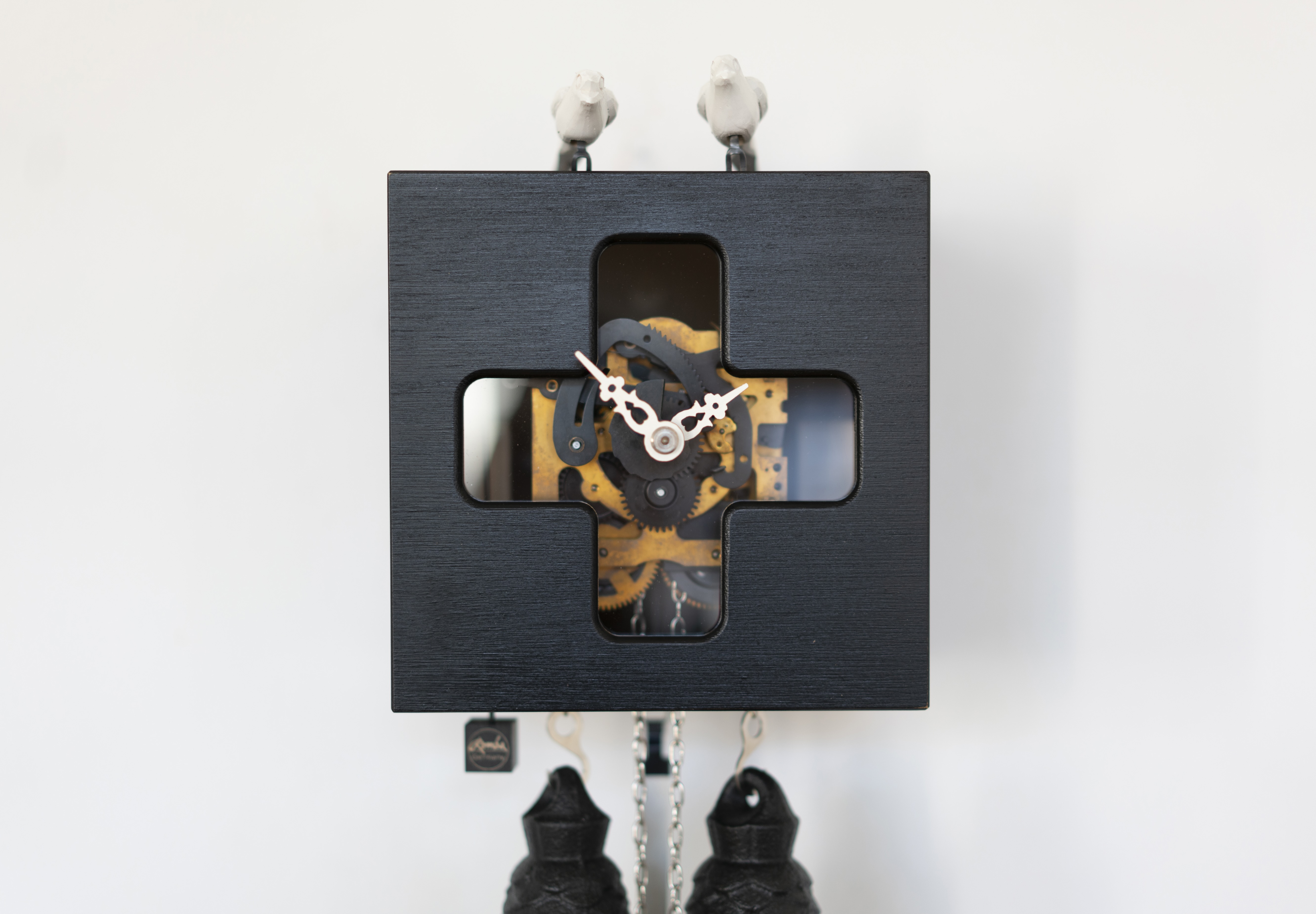 DUETT - Design Kuckucksuhr (schwarz / Einblick in die Mechanik) Rombach & Haas