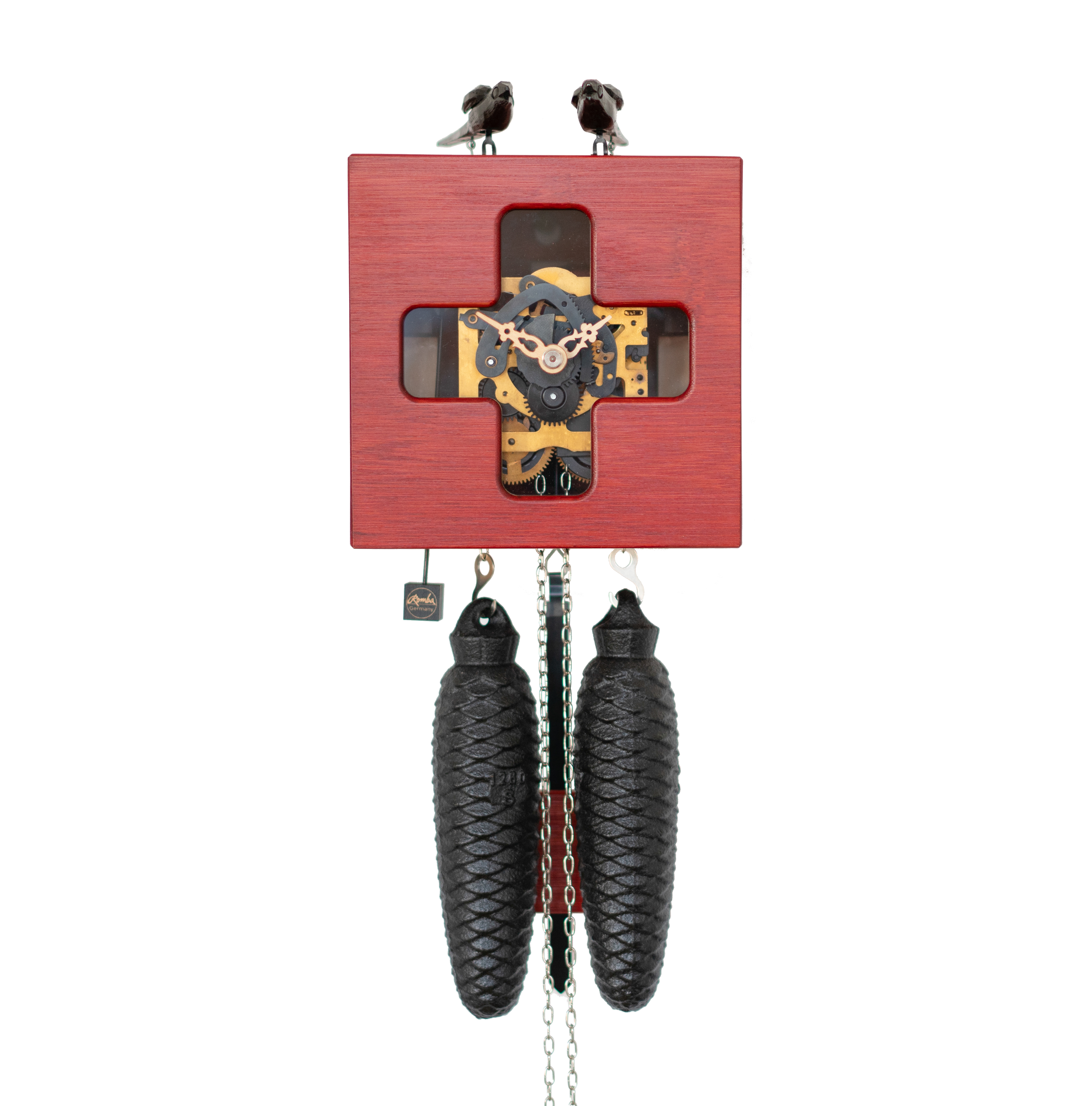 DUETT - Design Kuckucksuhr (rot / Einblick in die Mechanik) Rombach & Haas